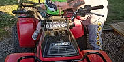 Austin is registered to the contest to win money with this photo: child, toddler, woman, tattoo, pacifier, atv, honda, outdoor, sunlight, greenery, grass, gravel, bench, motorcycle, vehicle, person, casual_clothing, nature, daytime, holding