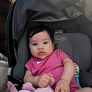 Violet is registered to the contest to win money with this photo: baby, car_seat, child, clothing, comfort, cute, face, graco, hand, head, indoor, infant, person, pink_onesie, plush_toy, portrait, seat, sitting, toy, young_child