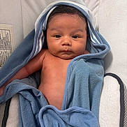 Elian joined the competition — help win amazing prizes! baby, towel, blue_towel, infant, child, face, skin, blanket, newborn, comfort, cute, expression, curious, portrait, indoors, soft, wrapped, resting, young, sleepy