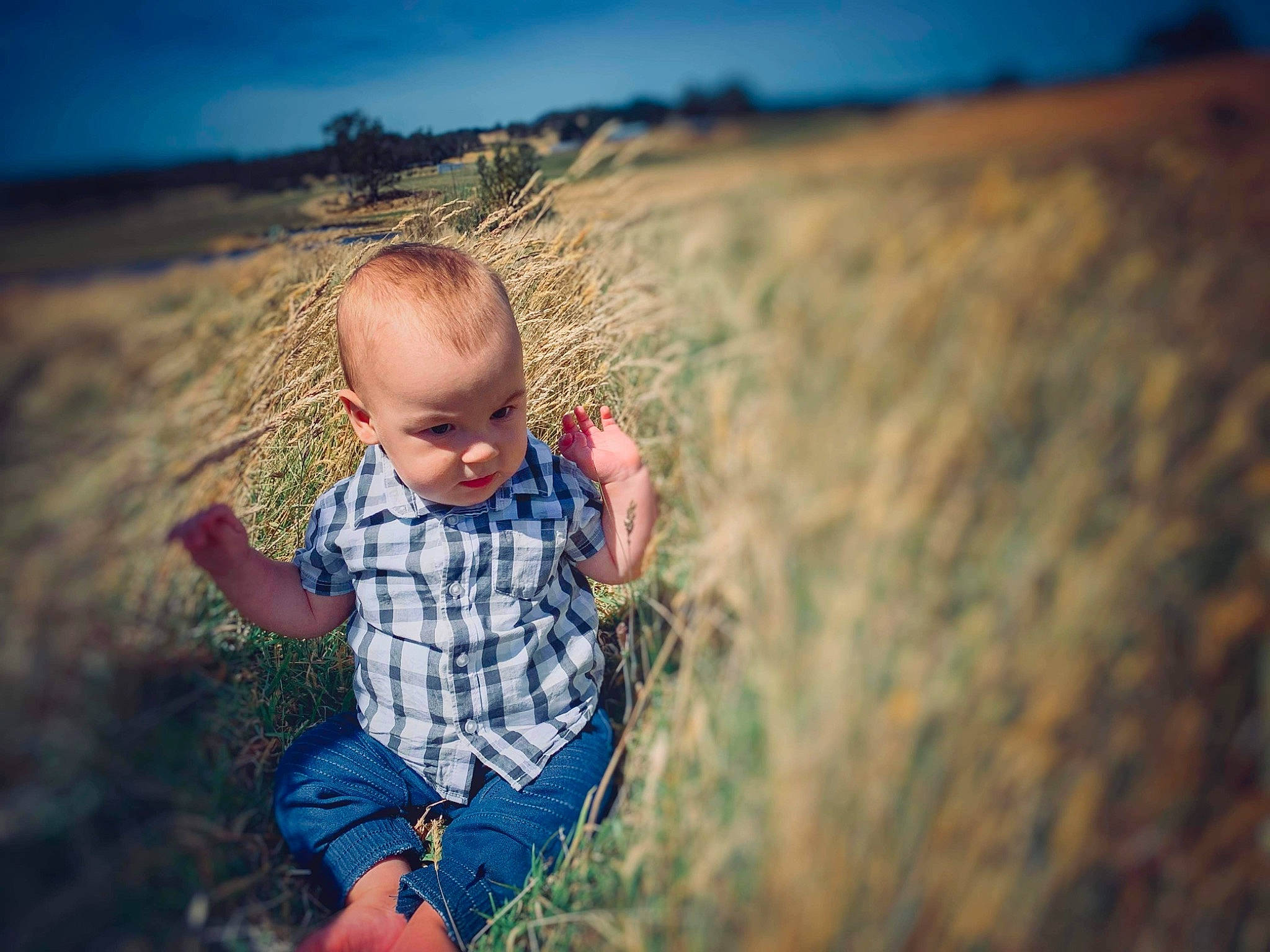 Colton joined the competition — help win amazing prizes! arm, azure, baby, cloud, eye, face, facial_expression, flash_photography, grass, grass_family, grassland, happy, iris, people_in_nature, person, skin, sky, standing, sunlight, toddler