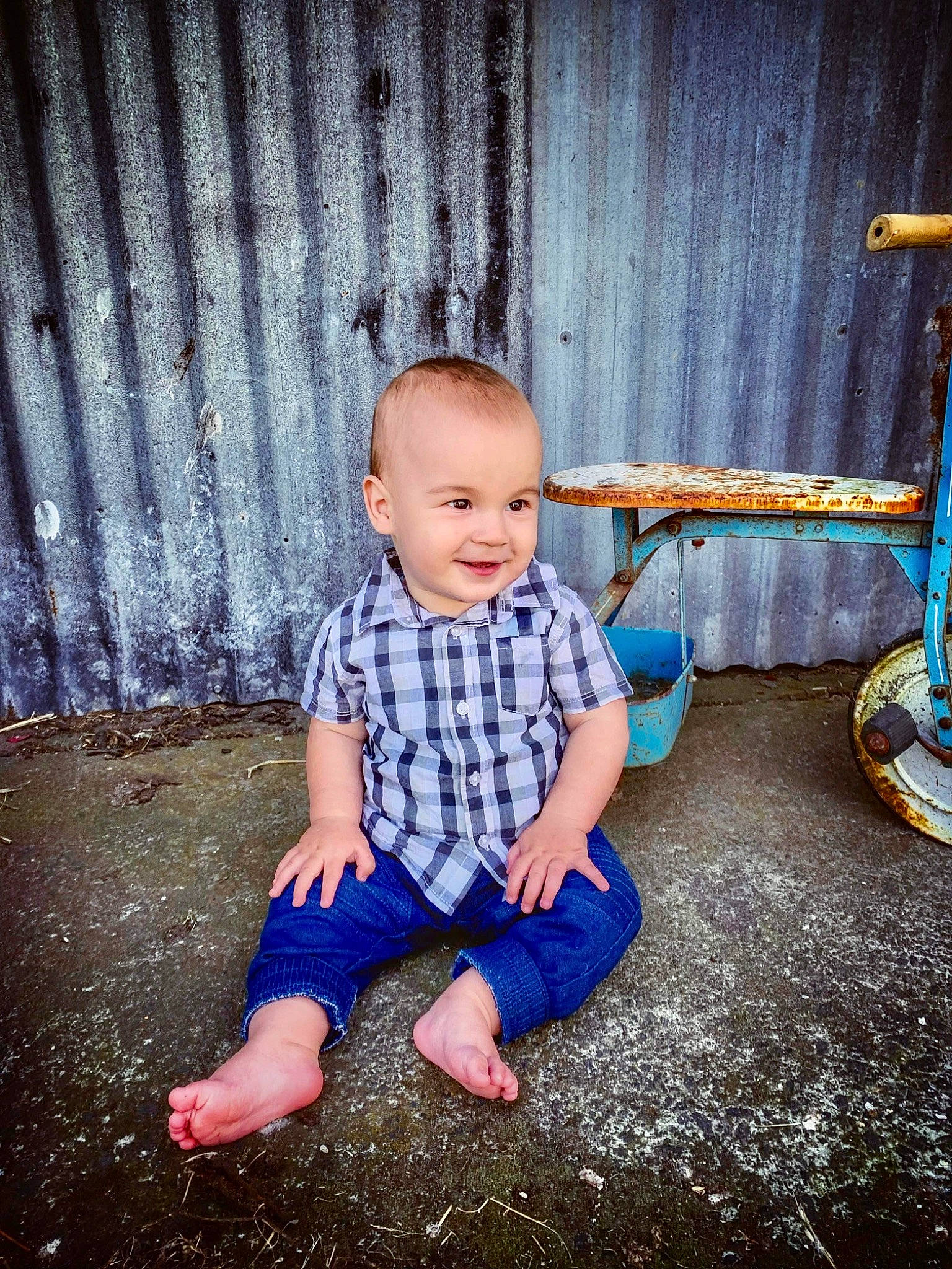 Colton joined the competition — help win amazing prizes! baby, baby_toddler_clothing, barefoot, blue, child, electric_blue, flash_photography, flooring, fun, grass, happy, joy, leisure, pattern, person, sitting, smile, standing, t_shirt, tints_and_shades