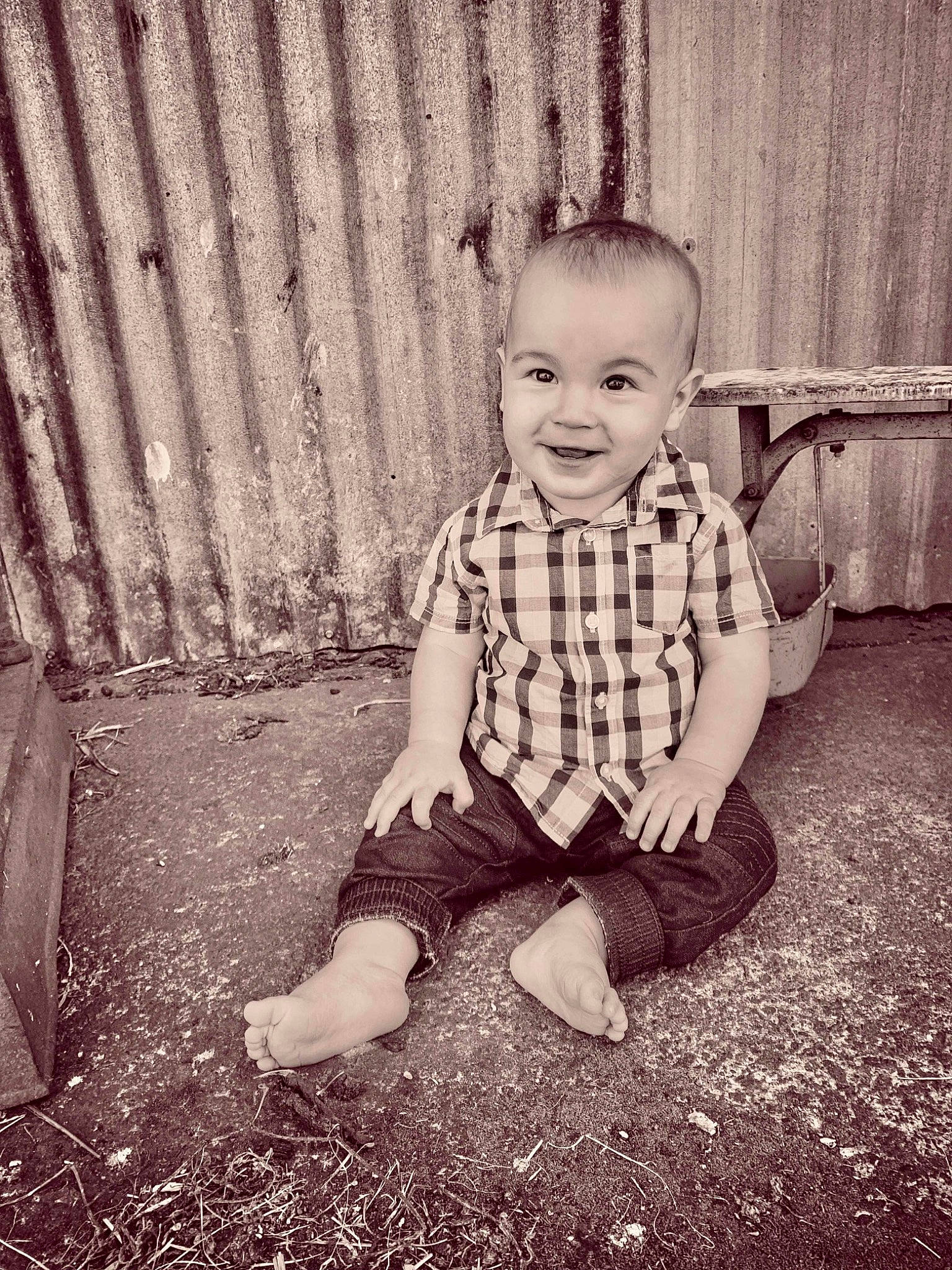 Colton joined the competition — help win amazing prizes! baby, baby_toddler_clothing, black_and_white, child, eye, fence, flash_photography, fun, grass, happy, joy, monochrome, monochrome_photography, pattern, people_in_nature, person, sitting, smile, tints_and_shades, toddler