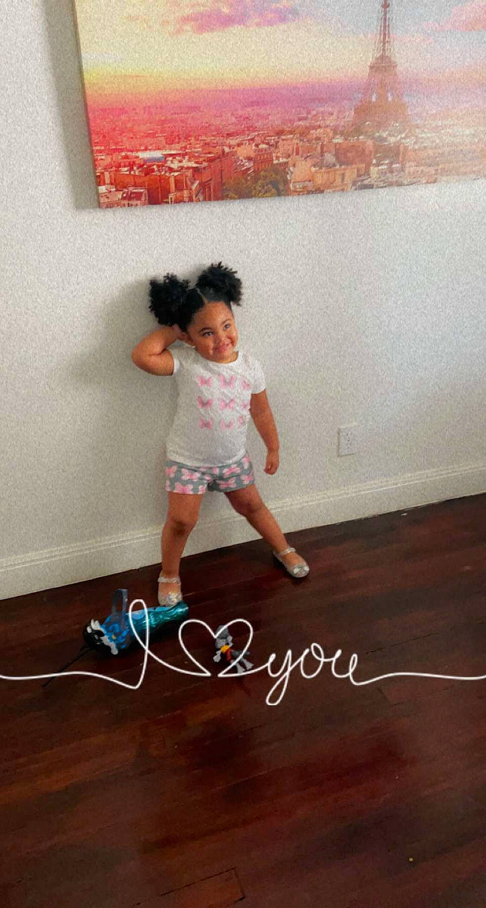Nevaeh is registered to the contest to win money with this photo: art, child, dress, fashion_accessory, fashion_design, floor, flooring, fun, happy, hardwood, human_body, human_leg, joy, pattern, person, shadow, shoulder, standing, t_shirt, toddler