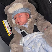 Noble is registered to the contest to win money with this photo: baby, car_seat, blanket, fur_clothing, hat, infant, child, person, sleepy, blue, soft_texture, warm_clothing, seatbelt, indoors, cute, newborn, resting, toddler, car_safety, bundle