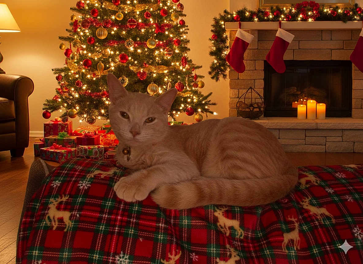 Simba joined the competition — help win amazing prizes! cat, ginger_cat, christmas_tree, christmas_ornaments, stockings, fireplace, candles, blanket, reindeer_pattern, living_room, holiday, presents, lamp, wooden_floor, decorations, warm_lighting, cozy, festive, indoor, relaxing