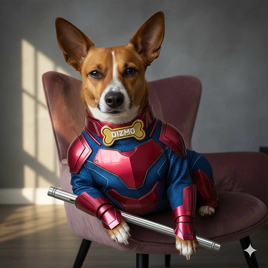 Dizmo joined the competition — help win amazing prizes! animal, armor, baton, brown, calm, chair, costume, cute, dog, floor, furniture, indoor, light, metal, pet, portrait, shadow, superhero, white, window