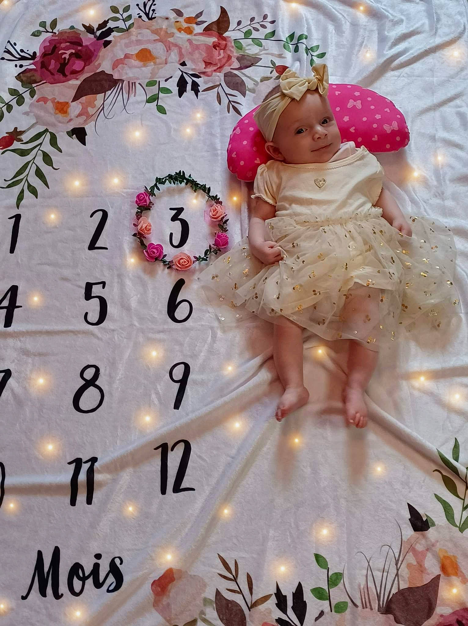 Rosalia participe au concours pour gagner de l'argent avec cette photo : angel, baby, beauty, doll, dress, fashion_design, fictional_character, font, happy, headpiece, headwear, ornament, pattern, peach, person, petal, pink, room, textile, toddler