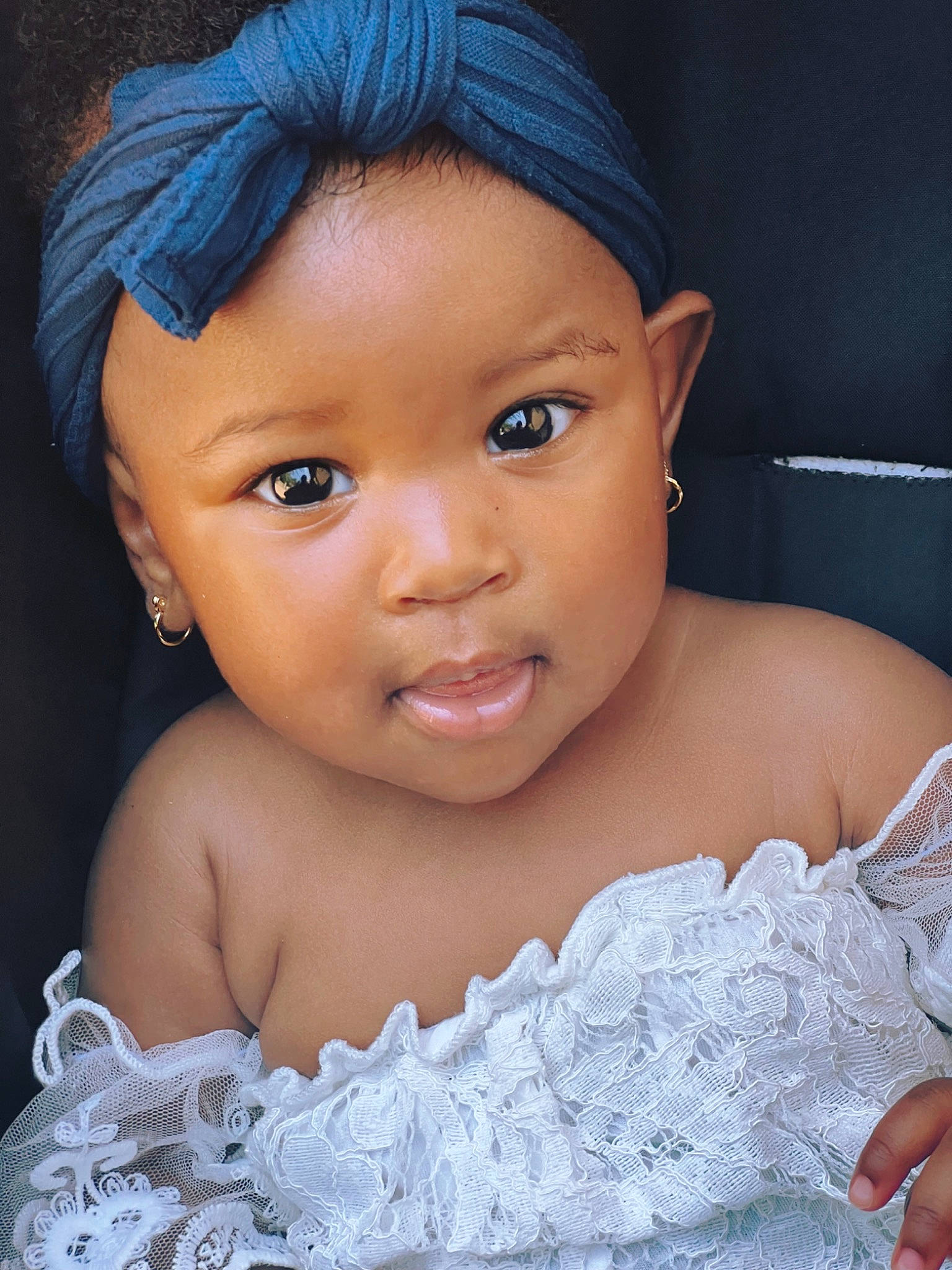 Sarah joined the competition — help win amazing prizes! baby_toddler_clothing, blue, cheek, child, chin, eyebrow, eyelash, face, facial_expression, flash_photography, hairstyle, happy, headpiece, headwear, iris, lip, nose, person, product, skin