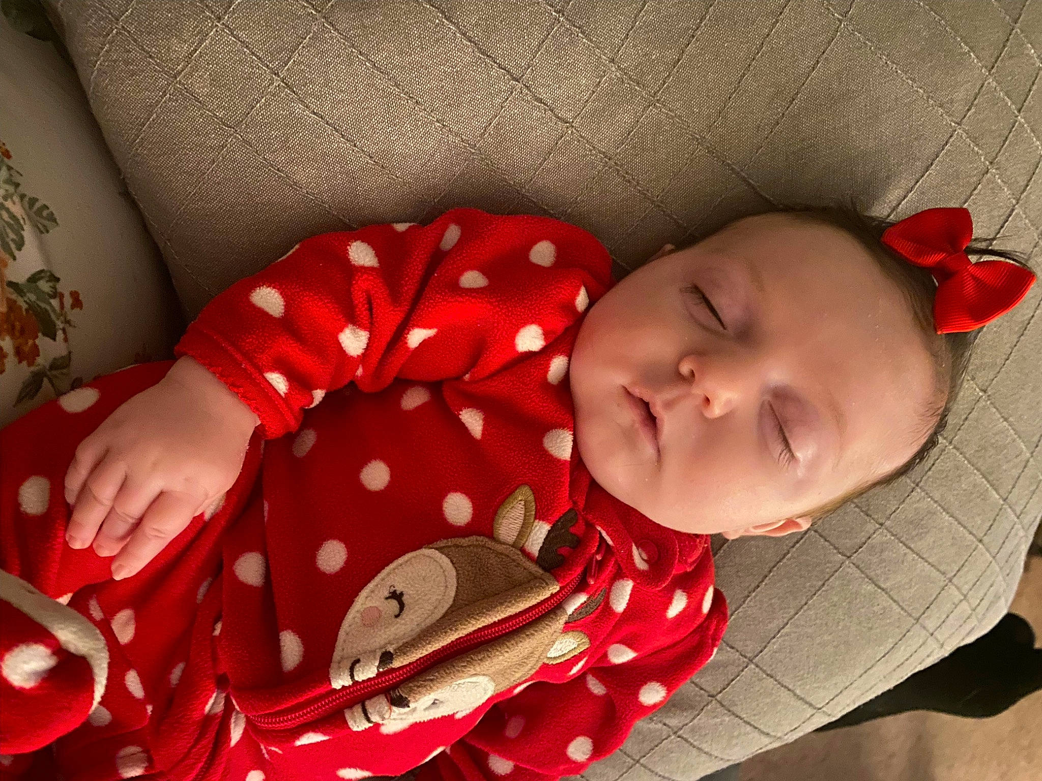 Adalynne joined the competition — help win amazing prizes! baby, baby_products, baby_sleeping, baby_toddler_clothing, carmine, cheek, child, christmas, comfort, eye, head, human_body, linens, pattern, person, plaid, room, sitting, skin, sleeve