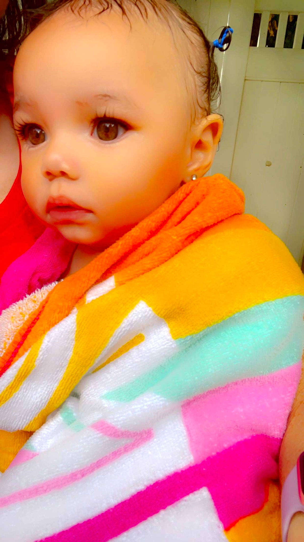 Luna joined the competition — help win amazing prizes! baby_toddler_clothing, cheek, chin, eye, eyebrow, eyelash, forehead, fun, hair, happy, head, human_body, iris, lip, mouth, neck, nose, orange, person, pink