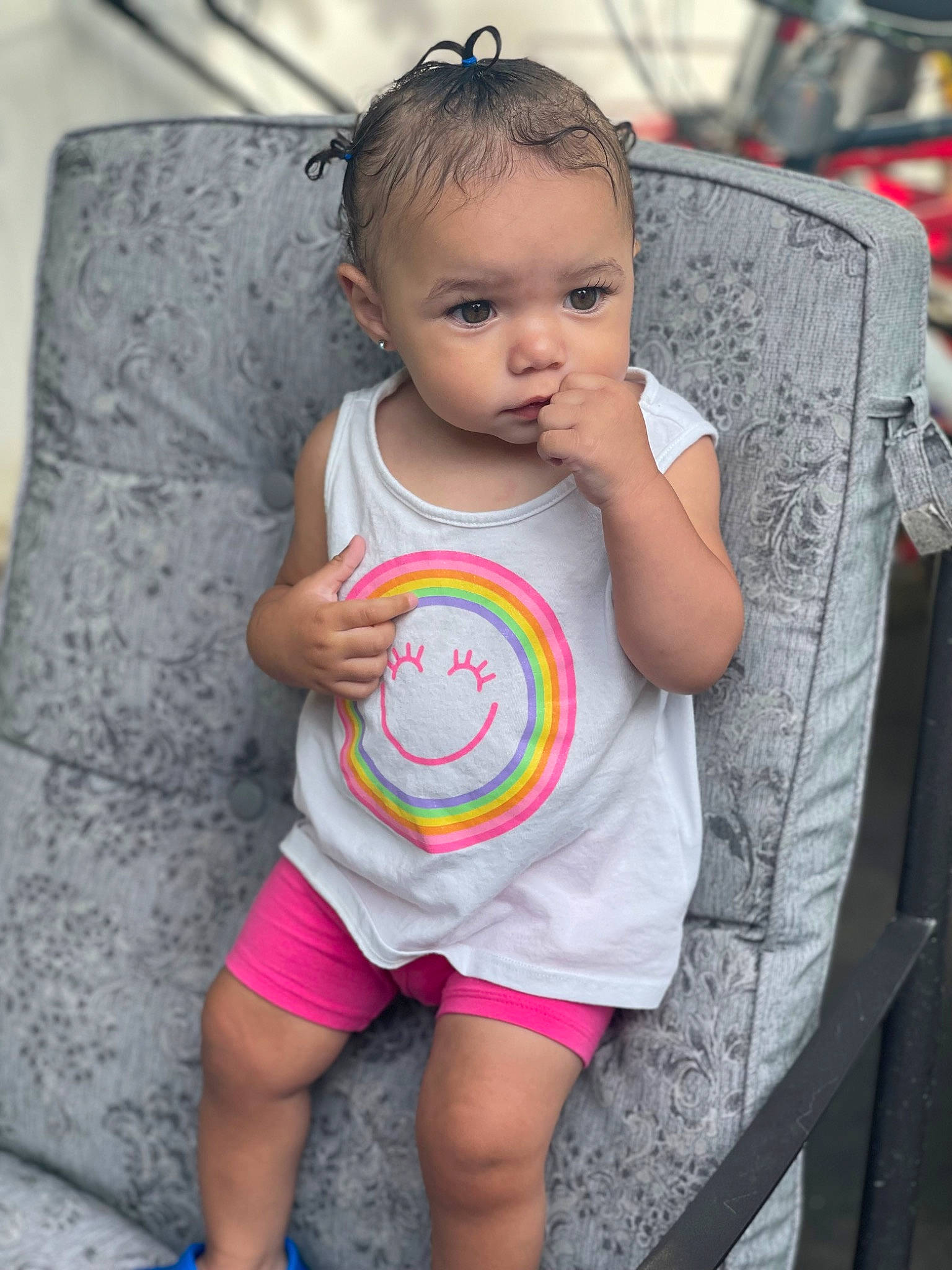 Luna joined the competition — help win amazing prizes! baby, baby_products, baby_toddler_clothing, cheek, eye, eyelash, face, hair, hairstyle, happy, head, human_body, pattern, person, pink, product, shorts, skin, sleeve, t_shirt