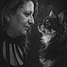 Thoy a rejoint le concours — aidez-le/la à gagner de superbes lots ! animal, black_and_white, close_up, cute, dog, emotional, face, fluffy_dog, friendship, human, indoor, intense_gaze, long_hair, looking_at_each_other, monochrome, pet, portrait, side_profile, studio_lighting, woman