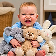 Shaytan joined the competition — help win amazing prizes! baby, child, smiling, plush_toy, elephant_toy, teddy_bear, bunny_toy, carpet, indoor, basket, blue_clothing, cute, happy, person, toy, furniture, sitting, face, expression, home