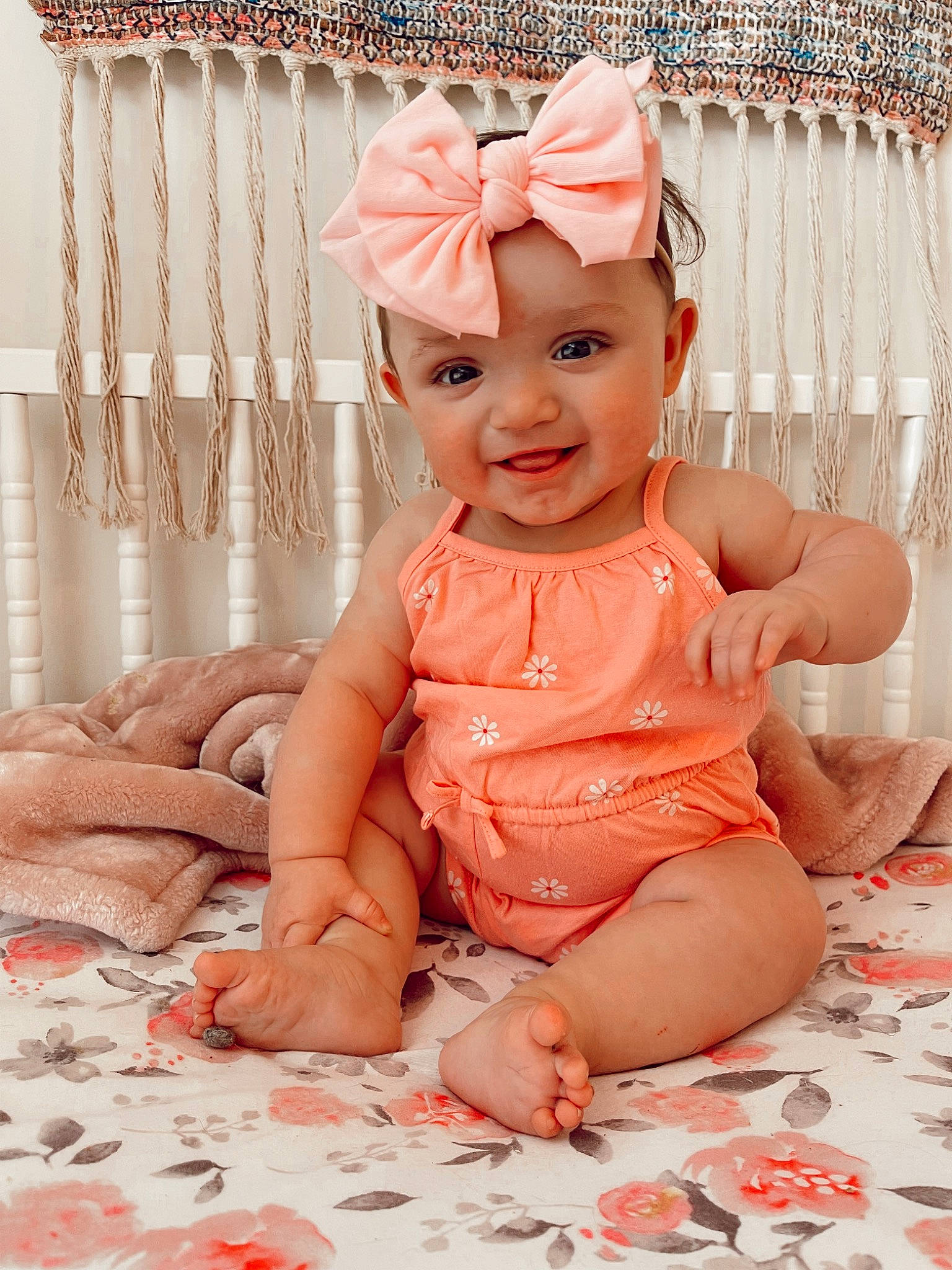Madelynn joined the competition — help win amazing prizes! baby, baby_toddler_clothing, cheek, child, chin, clothing, dress, eye, face, happy, head, headgear, headpiece, headwear, orange, person, pink, skin, sleeve, smile