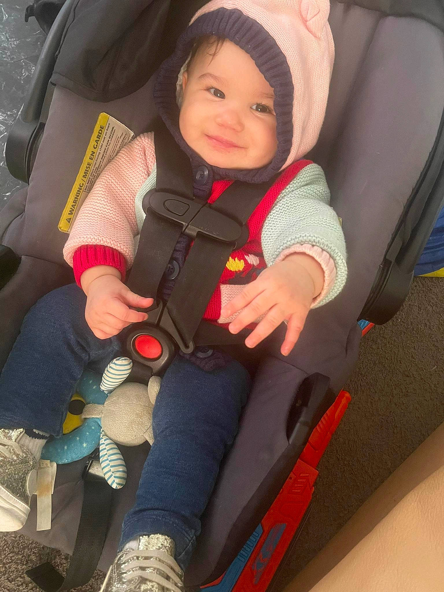 Genevieve joined the competition — help win amazing prizes! auto_part, automotive_exterior, baby, baby_carriage, baby_in_car_seat, baby_products, car_seat, car_seat_cover, child, comfort, electric_blue, family_car, fun, headwear, person, seat_belt, sitting, smile, steering_wheel, toddler