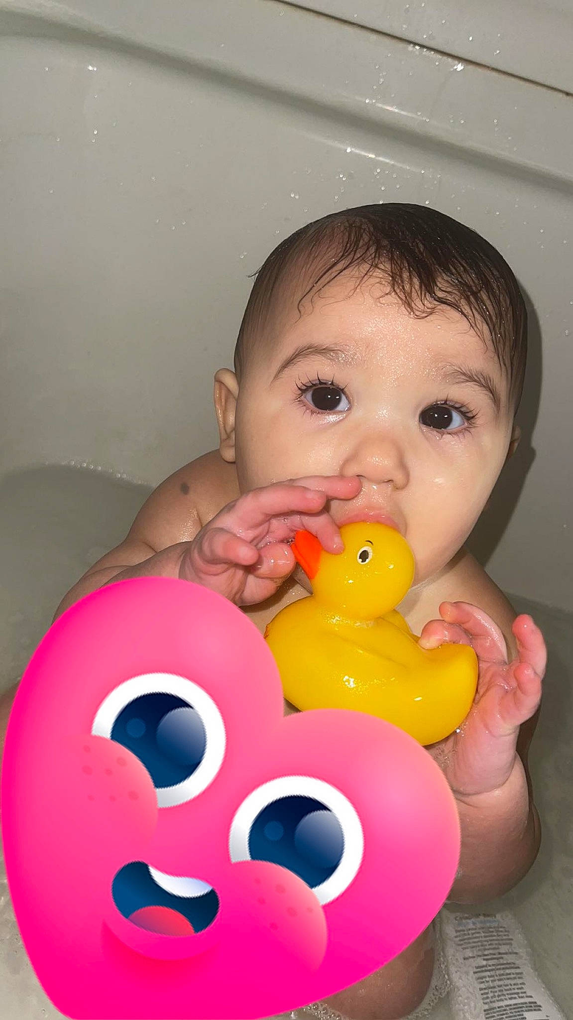 Genevieve is registered to the contest to win money with this photo: baby, baby_playing_with_toys, baby_products, baby_toys, bath_toy, bird, cheek, child, eye, fun, happy, head, nose, person, plastic, play, rubber_ducky, stuffed_toy, surprise, sweetness