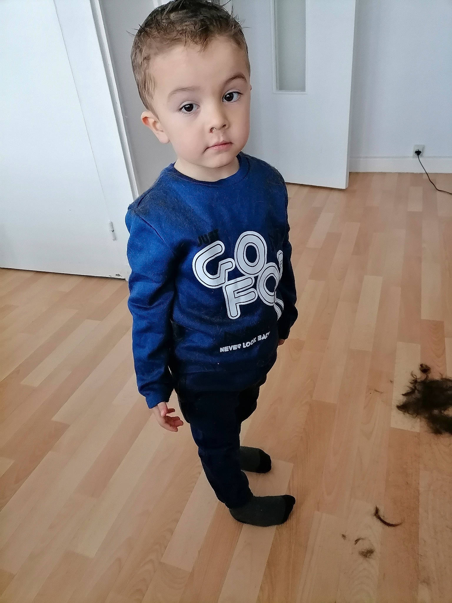 Damien participe au concours pour gagner de l'argent avec cette photo : baby_toddler_clothing, electric_blue, face, floor, flooring, hair, happy, hardwood, knee, laminate_flooring, leg, person, sleeve, sportswear, standing, t_shirt, toddler, trunk, waist, wood