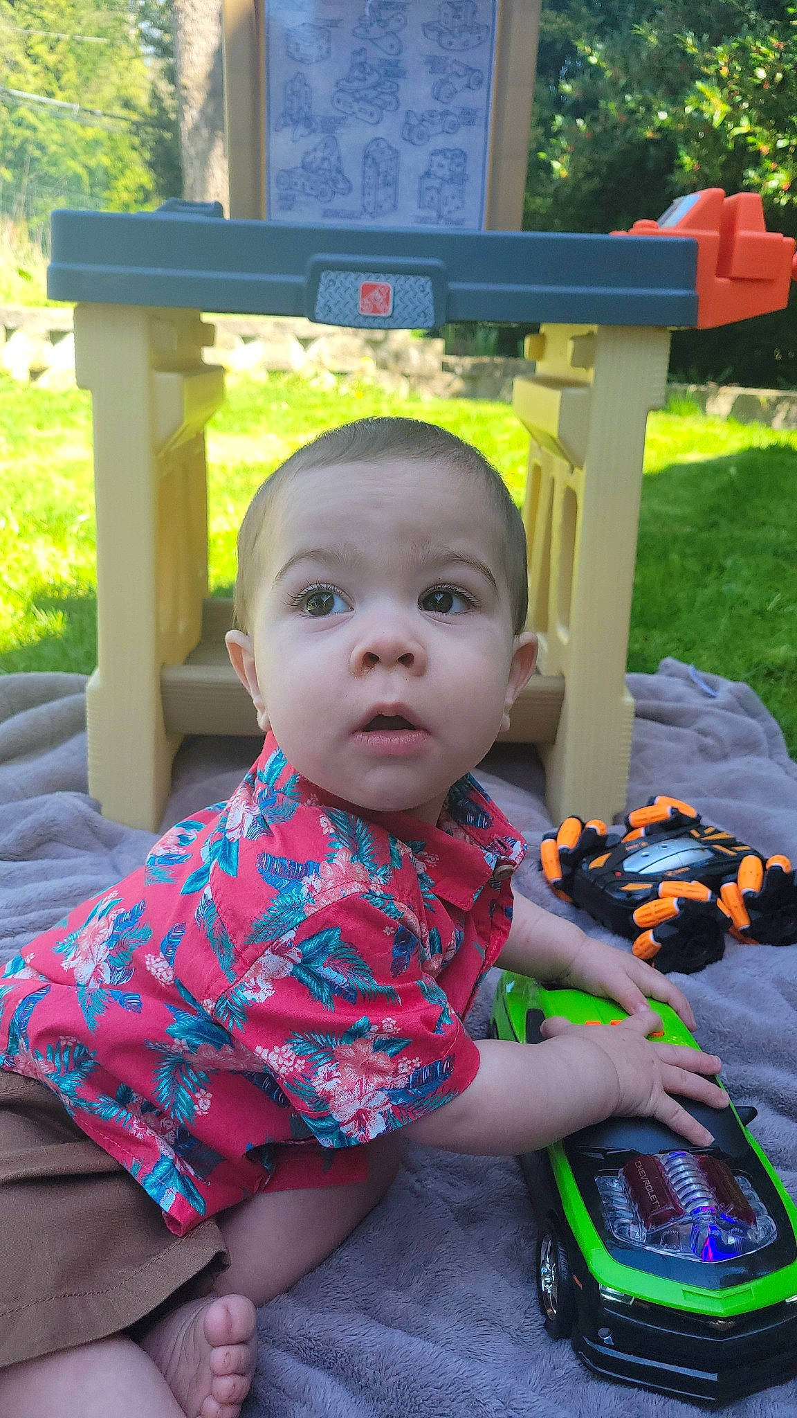 Garrett joined the competition — help win amazing prizes! baby, baby_toddler_clothing, child, eye, fun, garden, grass, green, happy, leisure, pattern, people, person, play, recreation, sitting, t_shirt, toddler, toy, tree