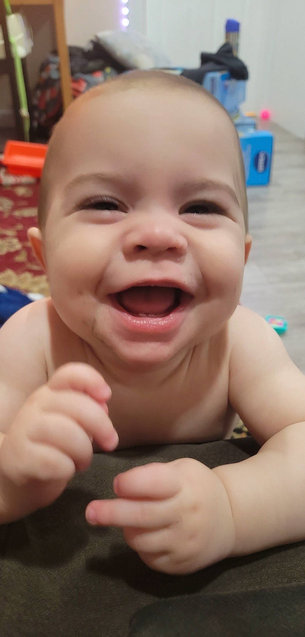 Garrett joined the competition — help win amazing prizes! baby, baby_laughing, cheek, child, chin, close_up, facial_expression, finger, fun, gesture, happy, leisure, mouth, nose, person, product, skin, smile, thumb, toddler