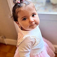Lilyana a rejoint le concours — aidez-le/la à gagner de superbes lots ! toddler, child, girl, indoor, window, pink_tutu, white_top, hair_bow, curly_hair, portrait, cute, soft_light, floor, wooden_floor, face, eyes, expression, clothing, person, baby