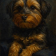 Mia is registered to the contest to win money with this photo: animal, artwork, black_fur, brown_fur, calm, canine, close_up, cute, dark_background, dog, domestic_animal, expression, fluffy, fur_texture, mammal, painting, pet, portrait, sitting, studio_lighting