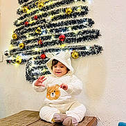 Reyansh joined the competition — help win amazing prizes! toddler, child, smiling, white_clothing, bear_hood, table, indoor, christmas_tree, wall_decoration, garland, ornaments, festive, holiday_decor, happy, cute, playful, sitting, cozy, winter_wear, celebration