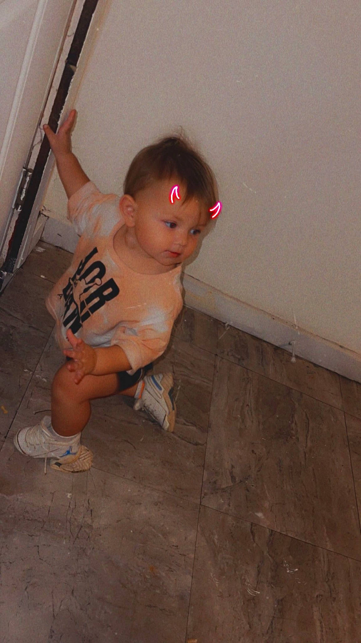 Skyler joined the competition — help win amazing prizes! abdomen, baby, barechested, barefoot, chest, child, elbow, eye, flesh, floor, flooring, foot, hardwood, human_leg, knee, person, stomach, thigh, toddler, trunk