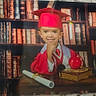 child, graduation, cap, gown, red, apple, books, library, diploma, smile, portrait, table, education, young, person, indoors, academic, celebration, desk, background