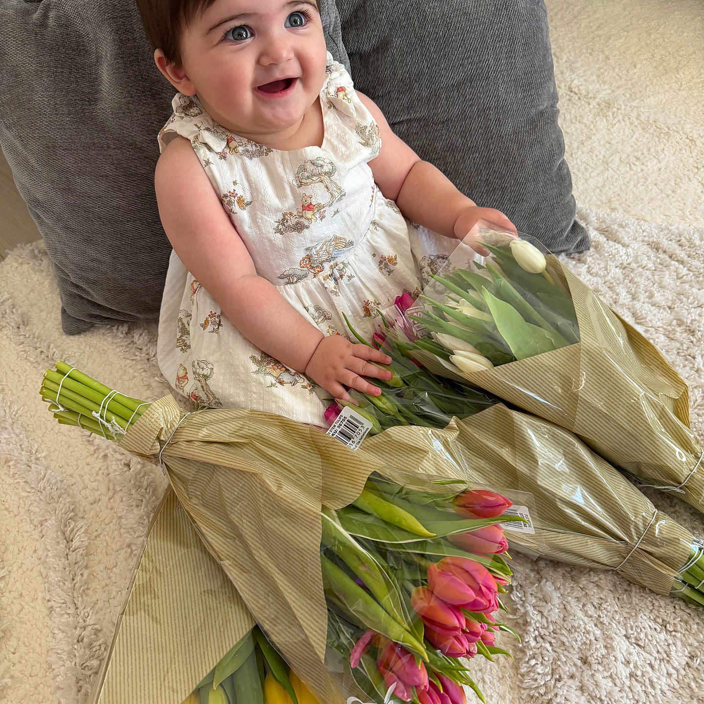 Vivienne joined the competition — help win amazing prizes! baby, bouquets, carpet, child, cozy, cute, dress, flowers, green, happy, indoor, person, pillow, pink, plant, sitting, smile, tulips, white, yellow