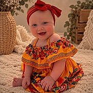 Rilynn joined the competition — help win amazing prizes! baby, child, infant, portrait, smiling, happy, sitting, red_bow, headband, floral_dress, colorful_clothing, orange_dress, barefoot, indoor, blanket, cozy, basket, houseplant, home_decor, photography