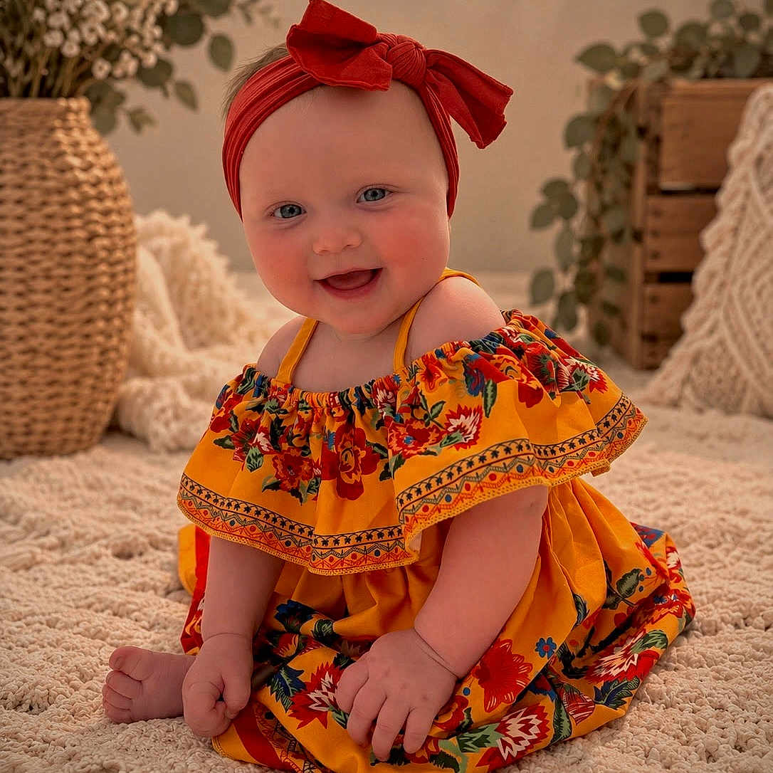 Rilynn joined the competition — help win amazing prizes! baby, child, infant, portrait, smiling, happy, sitting, red_bow, headband, floral_dress, colorful_clothing, orange_dress, barefoot, indoor, blanket, cozy, basket, houseplant, home_decor, photography