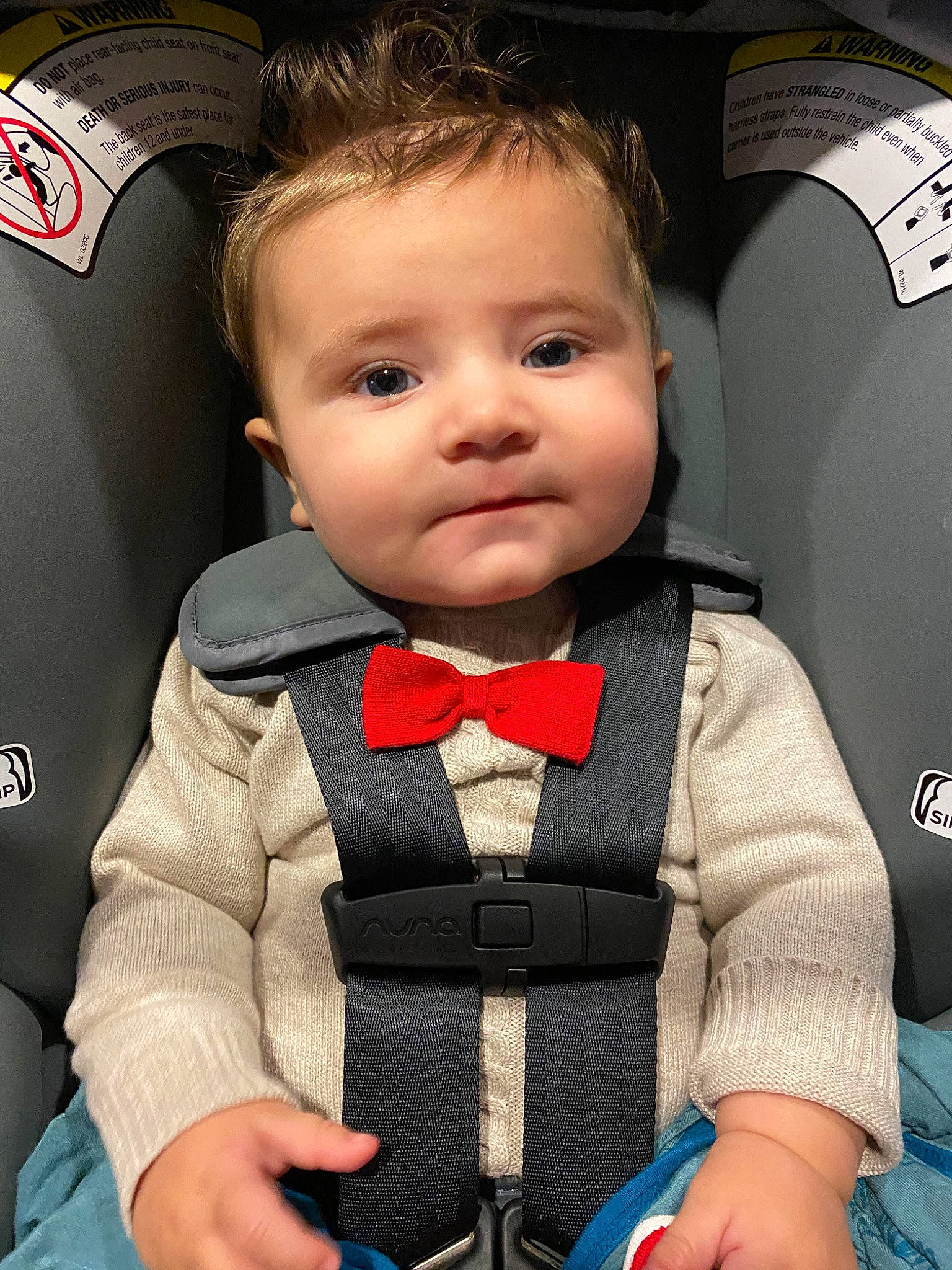 Matteo is registered to the contest to win money with this photo: auto_part, baby, baby_carriage, baby_in_car_seat, baby_products, bow_tie, car_seat, car_seat_cover, cheek, child, person, seat_belt, tie, toddler