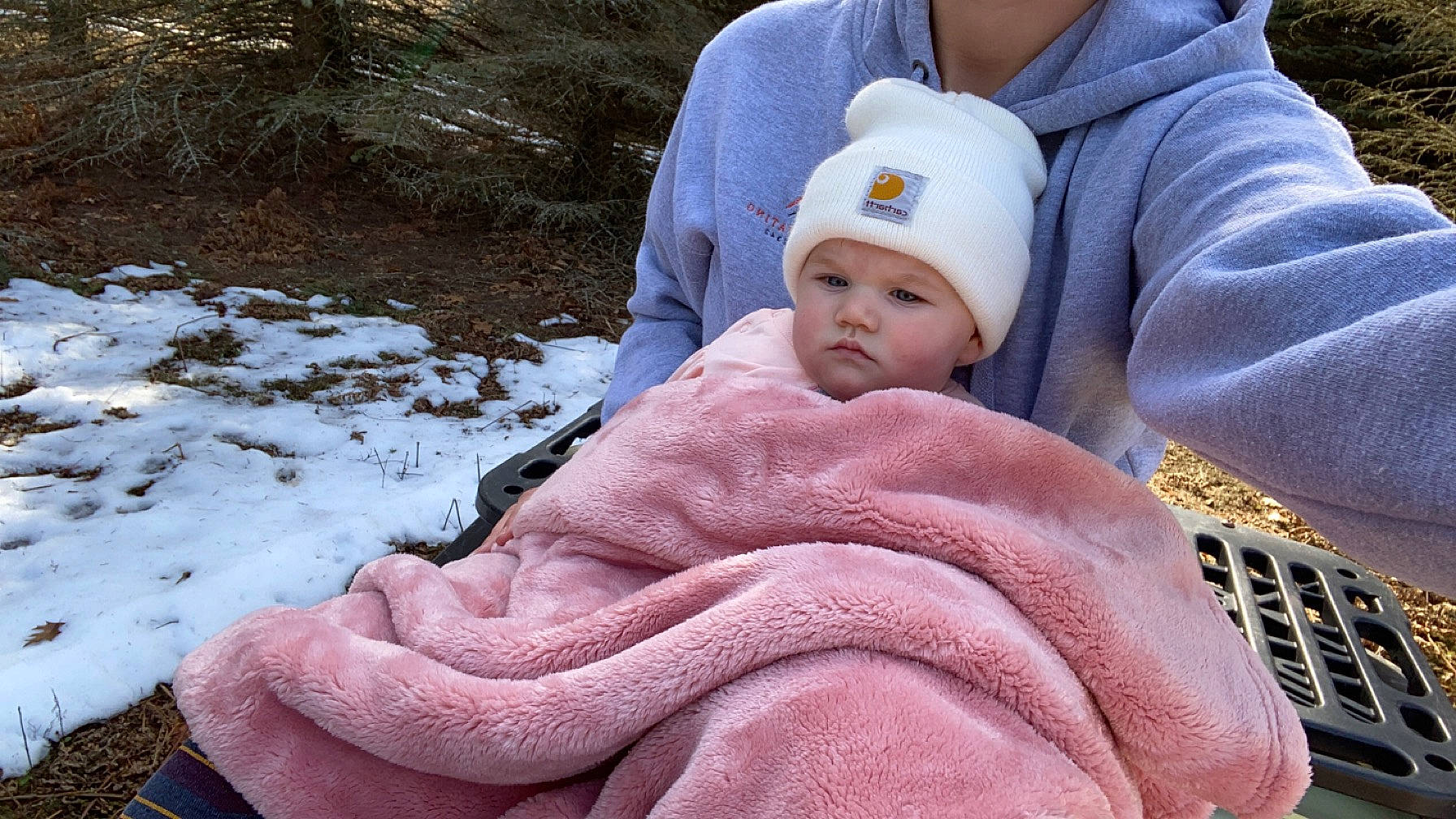Sadie joined the competition — help win amazing prizes! baby, baby_products, baby_toddler_clothing, cap, child, comfort, eye, freezing, grass, hat, headgear, headwear, knit_cap, linens, person, plant, recreation, sitting, skin, sleeve