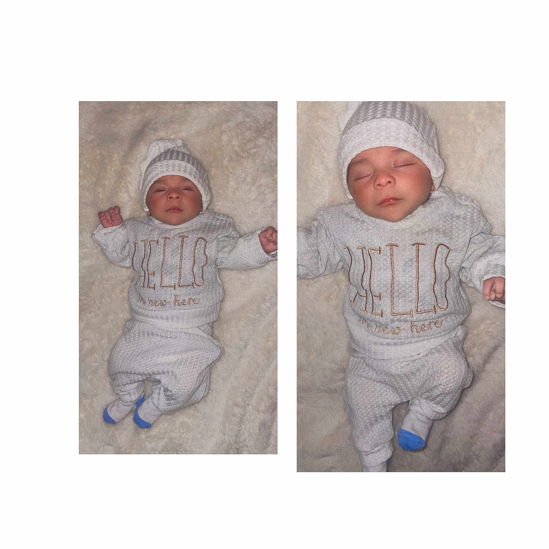 Jayden joined the competition — help win amazing prizes! baby, newborn, sleeping, hat, knitted_clothing, socks, blanket, soft_texture, infant, cute, cozy, portrait, child, white_clothing, peaceful, lying_down, two_images, indoor, resting, baby_outfit