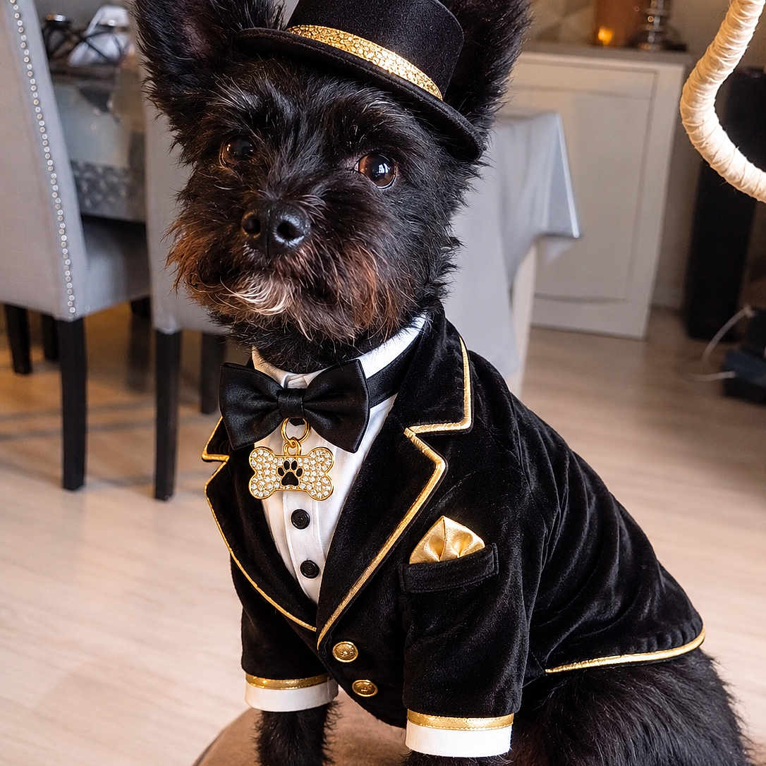 Bingo participe au concours pour gagner de l'argent avec cette photo : dog, small_dog, black_dog, pet, portrait, tuxedo, top_hat, bow_tie, formalwear, costume, gold_trim, jewelry, pendant, bone_shaped_pendant, sitting, indoor, home, dining_room, chair, fashionable