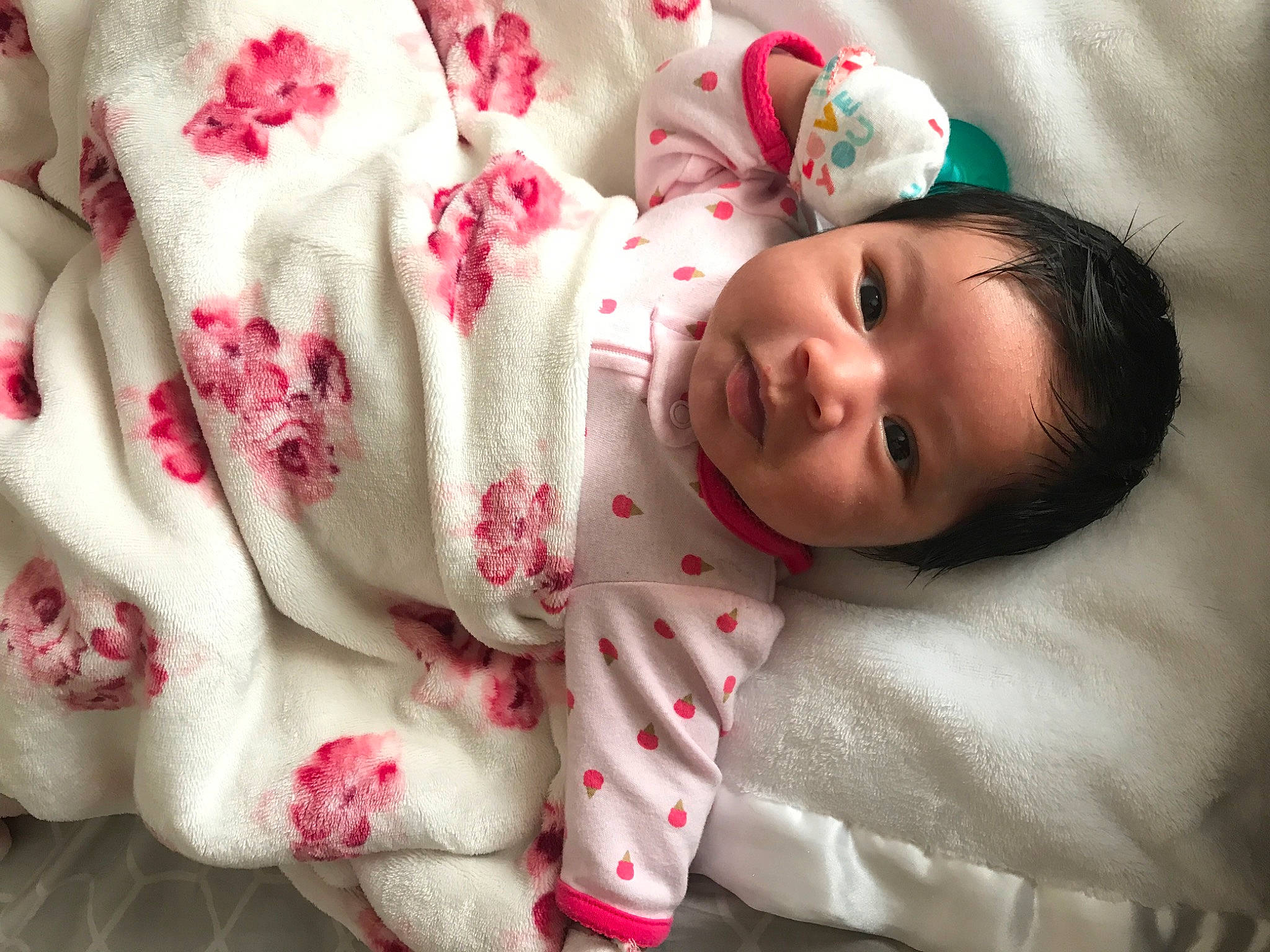 Abrielle joined the competition — help win amazing prizes! baby, baby_sleeping, bedding, bedtime, blanket, cheek, child, hair_accessory, linens, person, pink, textile, toddler