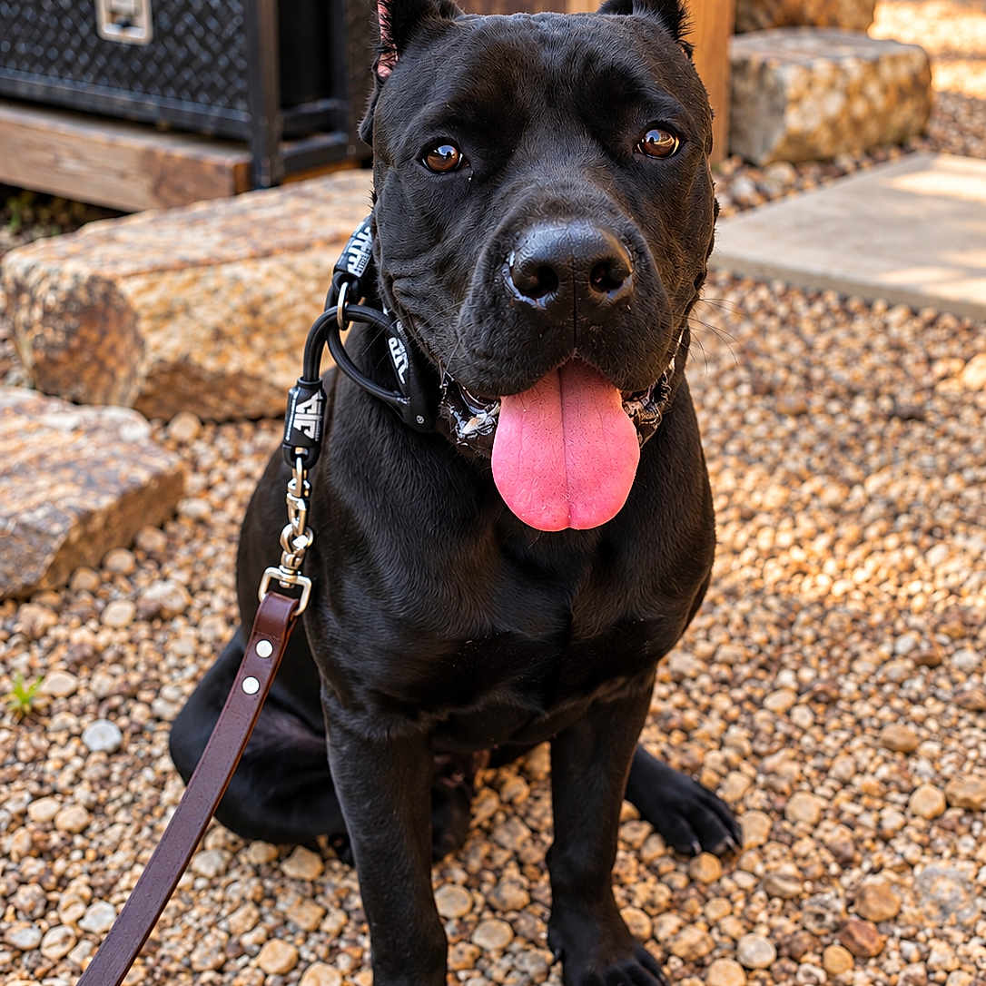 Diesel is registered to the contest to win money with this photo: dog, black_dog, canine, pet, animal, sitting, tongue, panting, collar, leash, harness, outdoor, patio, steps, pebbles, portrait, closeup, alert, happy, short_hair