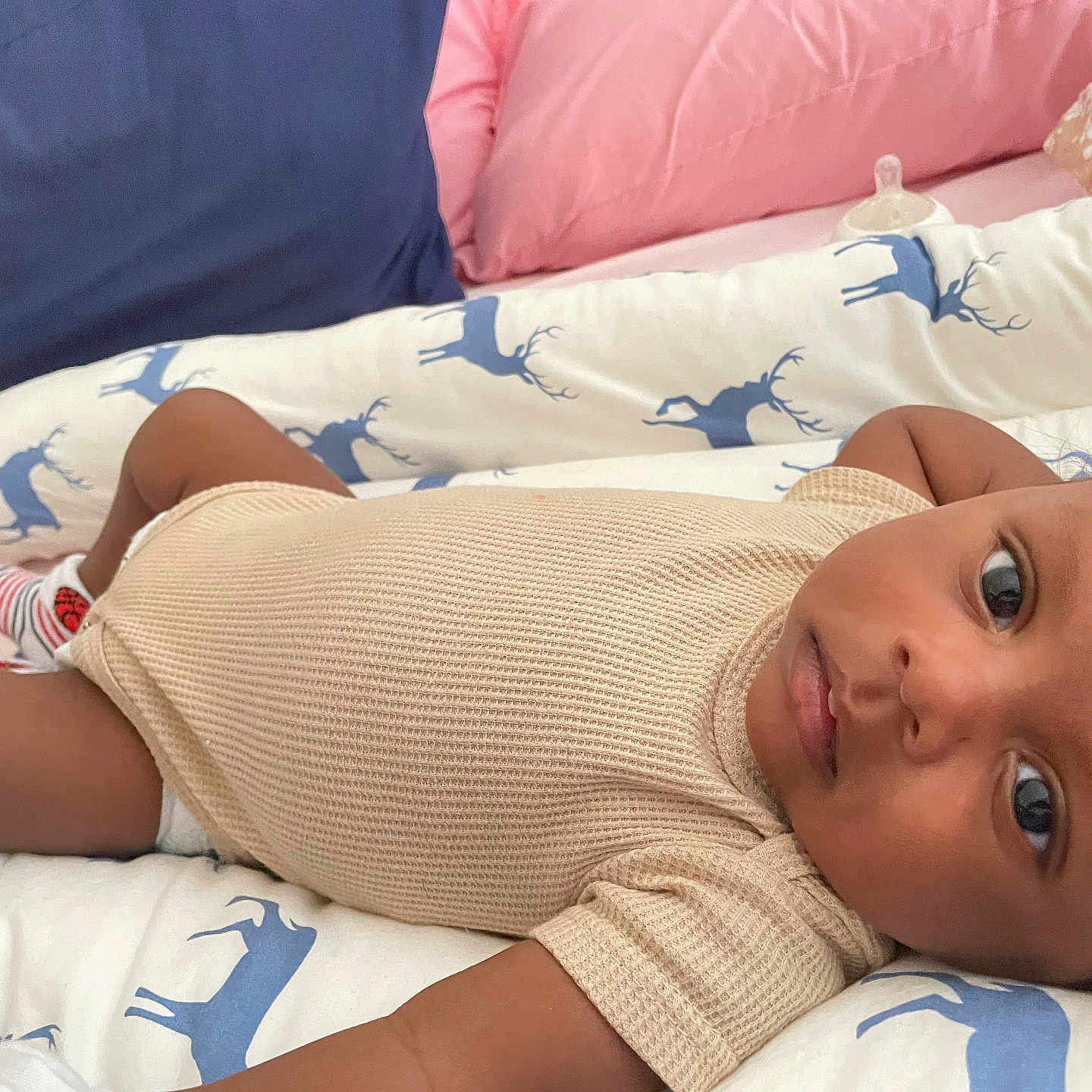 Kobe is registered to the contest to win money with this photo: architecture, baby, bed, blanket, bodypart, building, couch, cushion, face, finger, furniture, hand, happy, head, homedecor, person, photography, pillow, portrait, smile