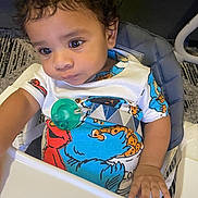 Adonis joined the competition — help win amazing prizes! baby, carpet, child, clothing, colorful_clothing, curly_hair, cute, expression, face, furniture, hand, high_chair, indoor, pacifier, person, playful, seated, table, toddler, young_child