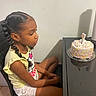 Queani joined the competition — help win amazing prizes! child, girl, birthday_cake, candle, braided_hair, chair, table, indoor, celebration, sprinkles, white_wall, shorts, yellow_shirt, sitting, reflection, side_view, calm, cute, youth, portrait