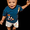 toddler, child, boy, blue_shirt, mickey_mouse, donald_duck, shorts, smiling, walking, shoes, happy, cute, portrait, isolated, black_background, cartoon_characters, clothing, young_child, full_body, playful