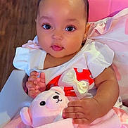 Yulianna is registered to the contest to win money with this photo: baby, child, toddler, face, red_bow, white_dress, polka_dots, stuffed_animal, pink_blanket, cute, indoor, high_chair, infant, adorable, portrait, hand, skin, expression, seated, toy