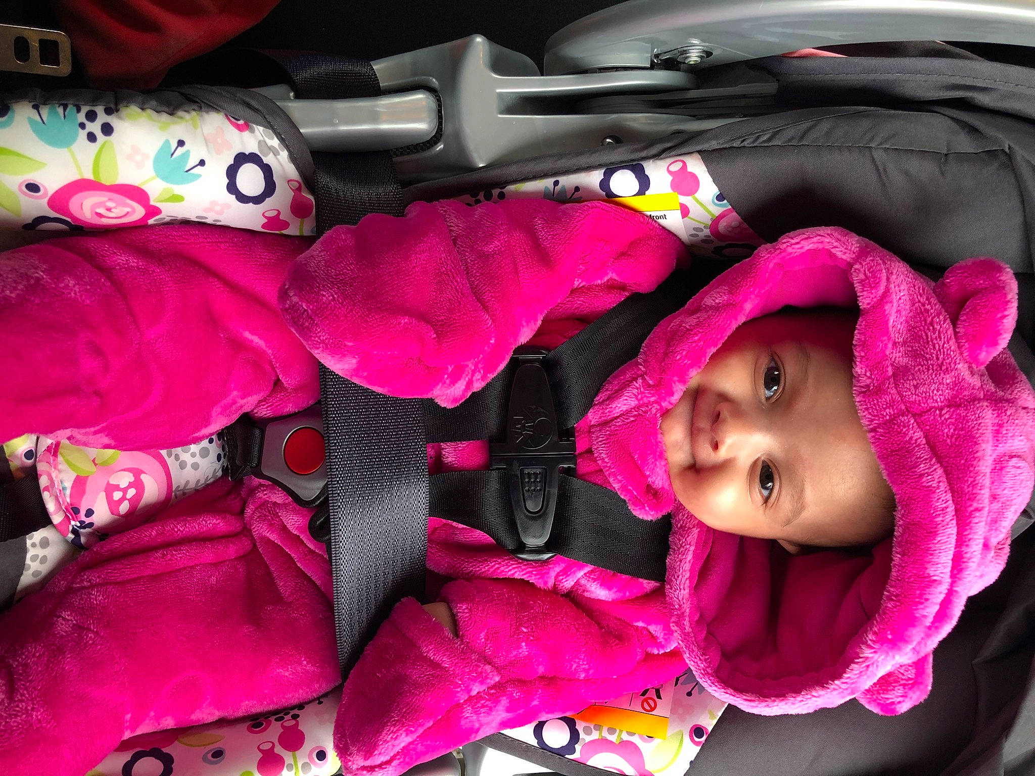 Aurelia is registered to the contest to win money with this photo: auto_part, baby_products, car_seat, child, flower, headwear, linens, magenta, person, pink, plant, textile