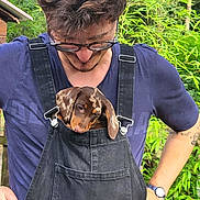 Moka a rejoint le concours — aidez-le/la à gagner de superbes lots ! person, dog, puppy, dachshund, pet, animal, portrait, outdoor, garden, greenery, overalls, pocket, glasses, curly_hair, blue_shirt, watch, tattoo, brown_and_tan, cuddling, funny