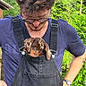 person, dog, puppy, dachshund, pet, animal, portrait, outdoor, garden, greenery, overalls, pocket, glasses, curly_hair, blue_shirt, watch, tattoo, brown_and_tan, cuddling, funny