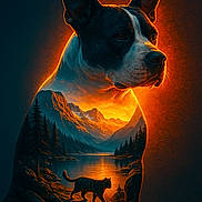 Tyson a rejoint le concours — aidez-le/la à gagner de superbes lots ! dog, cat, silhouette, sunset, mountains, lake, nature, landscape, artistic, glowing, forest, wildlife, outdoor, scenic, animal, double_exposure, fantasy, orange_glow, tranquil, majestic