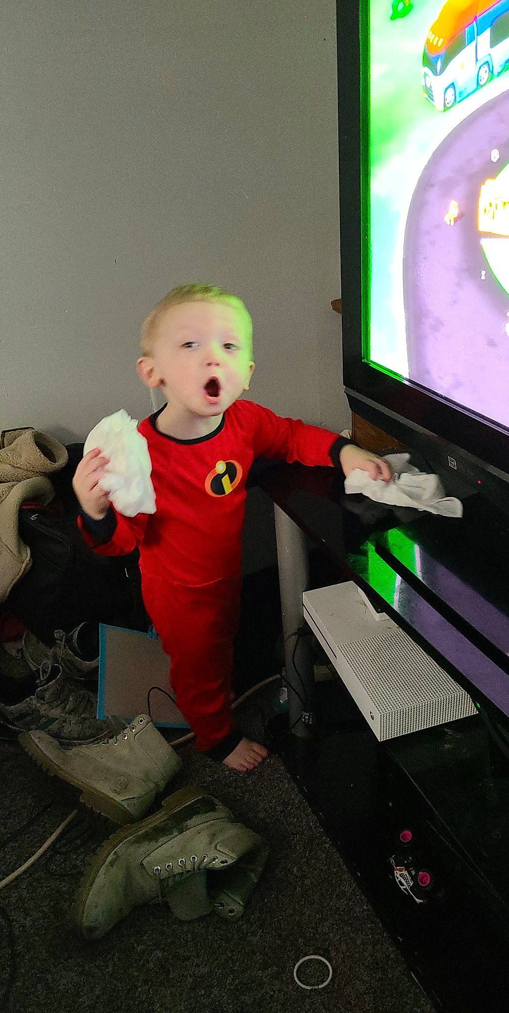 Jayden joined the competition — help win amazing prizes! baby, baby_toddler_clothing, backpack, bag, child, computer, computer_hardware, display_device, electronic_device, flat_panel_display, led_backlit_lcd_display, multimedia, output_device, overall, peripheral, person, play, surprise, technology, television_accessory