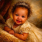 Emma is registered to the contest to win money with this photo: baby, child, smile, tiara, curly_hair, pearl_necklace, golden_dress, portrait, luxury, cushion, fabric, happy, cute, indoor, person, infant, royalty, elegant, dressed_up, lying_down
