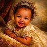 baby, child, smile, tiara, curly_hair, pearl_necklace, golden_dress, portrait, luxury, cushion, fabric, happy, cute, indoor, person, infant, royalty, elegant, dressed_up, lying_down