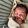 baby, sleeping, blanket, knit, hand, face, infant, cozy, soft, texture, cute, peaceful, newborn, wrapped, resting, portrait, closeup, indoors, child, warm